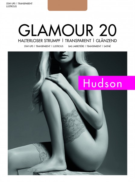 Hudson Glamour 20 - Błyszczące pończochy samonośne wykończone szeroką koronką