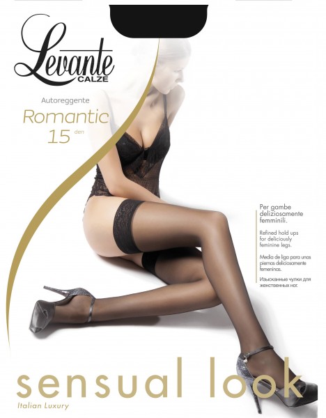 Eleganckie, cienkie pończochy samonośne Romantic 15 marki Levante