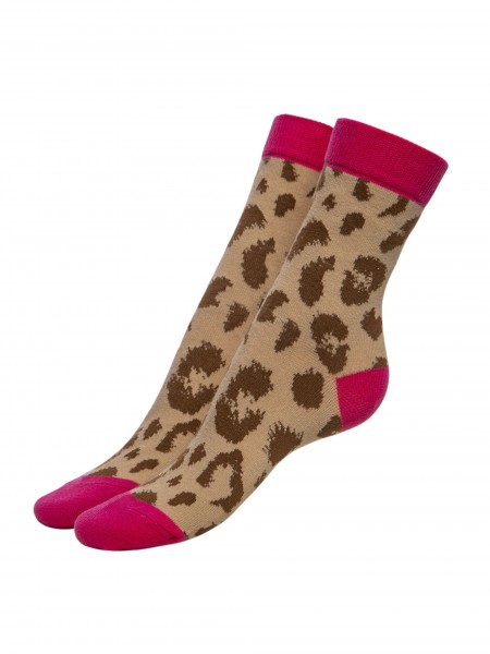 Fiore - Kryjące skarpetki z bawełną w leopardzie cętki ze ściągaczem w kontrastowym kolorze