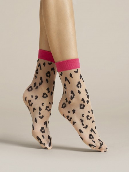 Fiore - Cienkie skarpetki w leopardzie cętki w kontrastowym kolorze