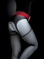 Knittex - Cienkie rajstopy z wycięciem w kroku i wzorem imitującym pończochy z paskiem Knittex - Cienkie rajstopy z wycięciem w kroku i wzorem imitującym pończochy z paskiem